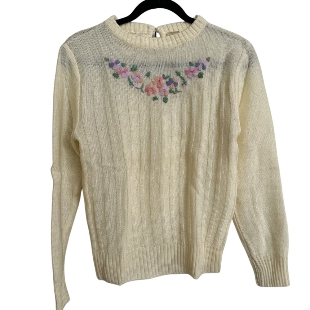 VTG Dayne Taylor Pastel Floral Embroidered Knit Sweater Cream Acrylic‎ Small
